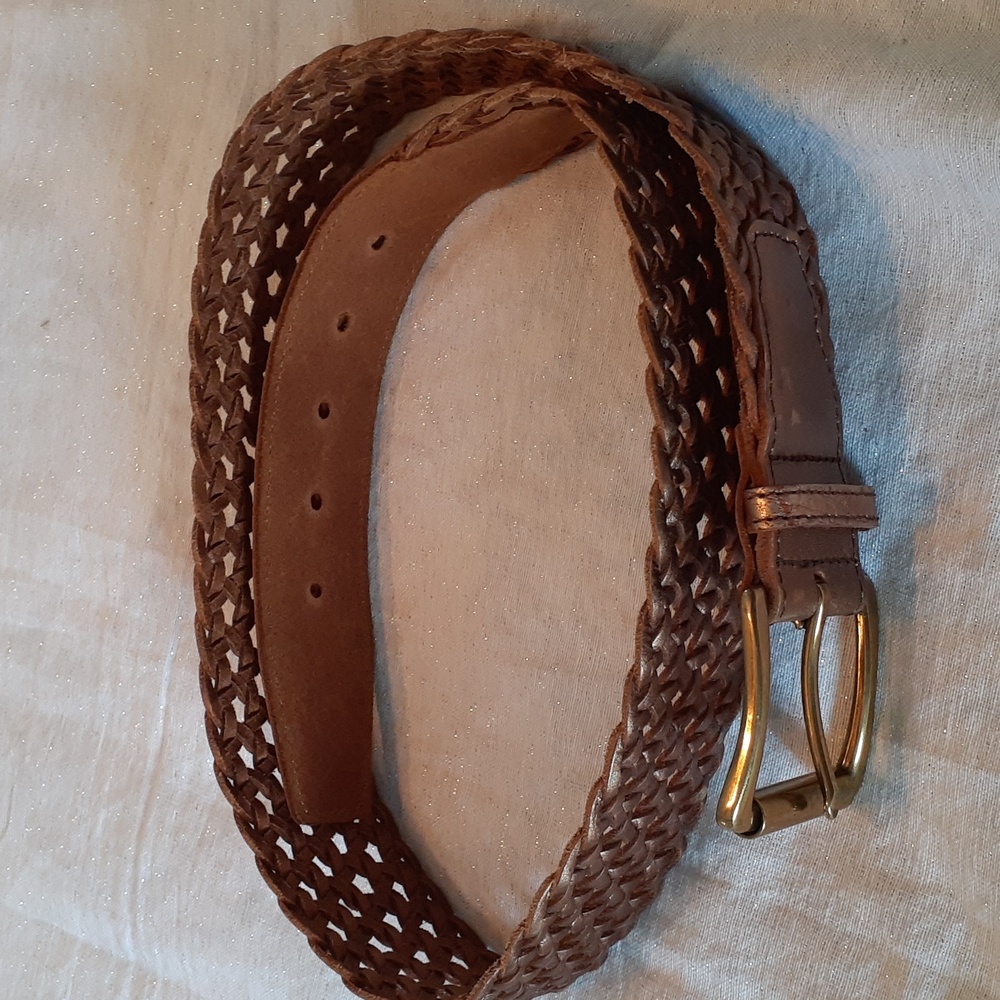 Talbots Women's Sz M bronze Woven genuine leather brass buckle belt